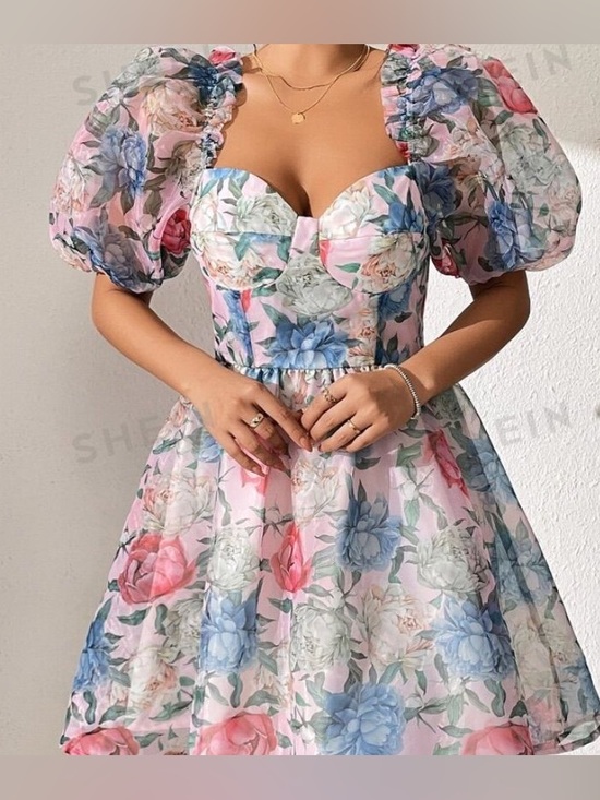 Amazon Dresses & Skirts - Babydoll mini dress Organza puff short sleeve selkie floral print sweetheart